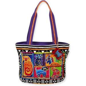 Laurel Burch Dog-Themed Colorful Canvas Tote Bag Double Straps Inside Pockets